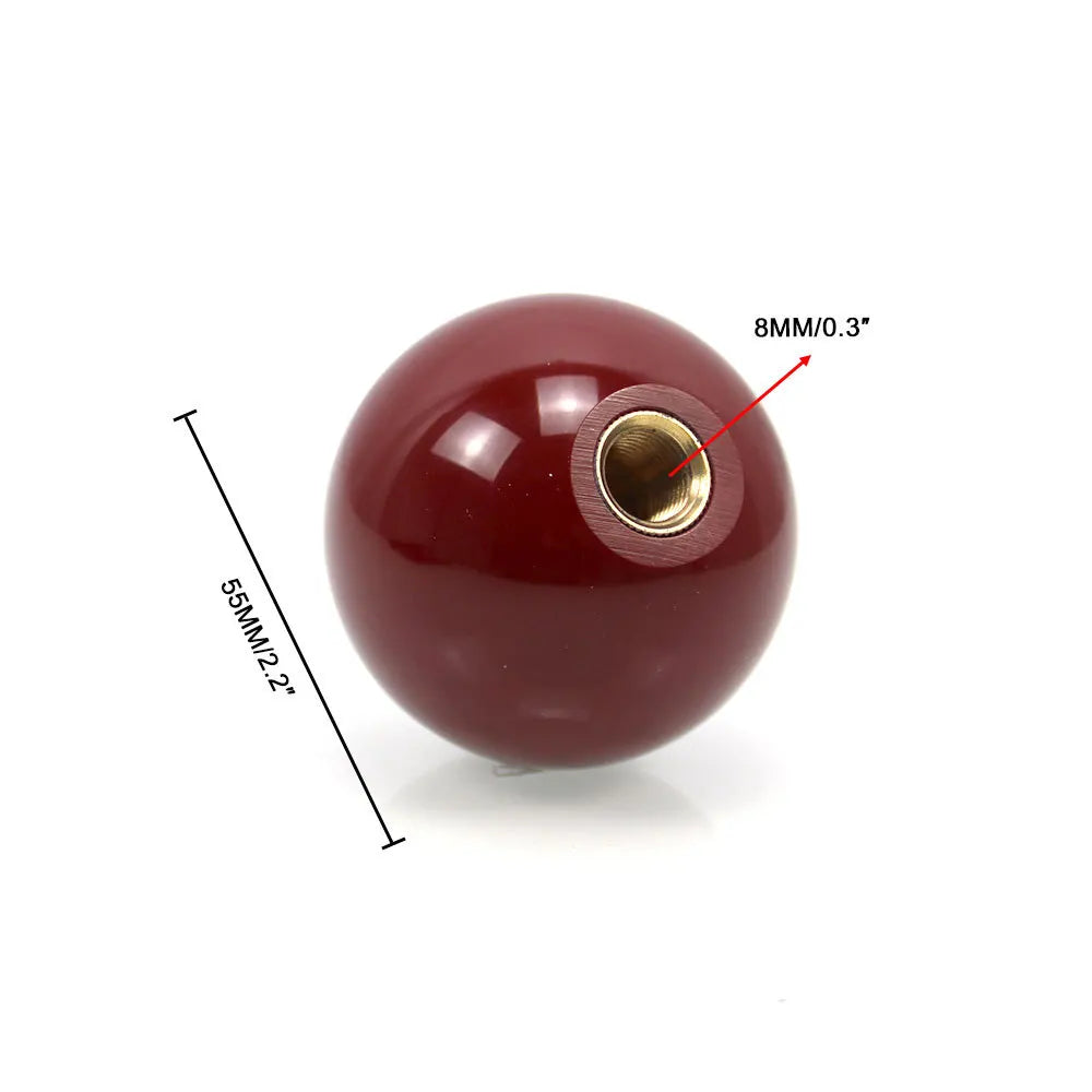 Red billiard-style knob with gold band. Fits standard shift handles. Pool-inspired car accessory. Universal fit. Diameter: 2.