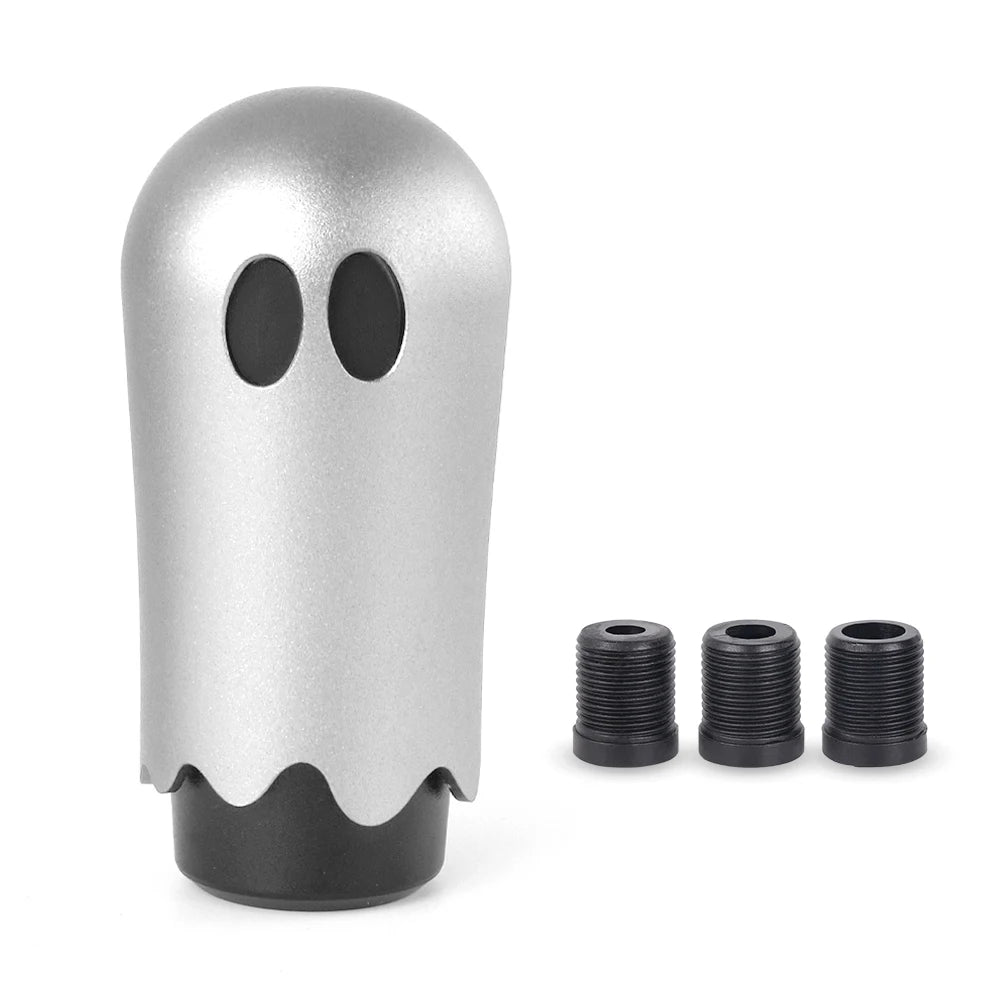 Silver-black shift knob with two black cap attachments for M8/M10/M12 transmission fits, height 86mm.