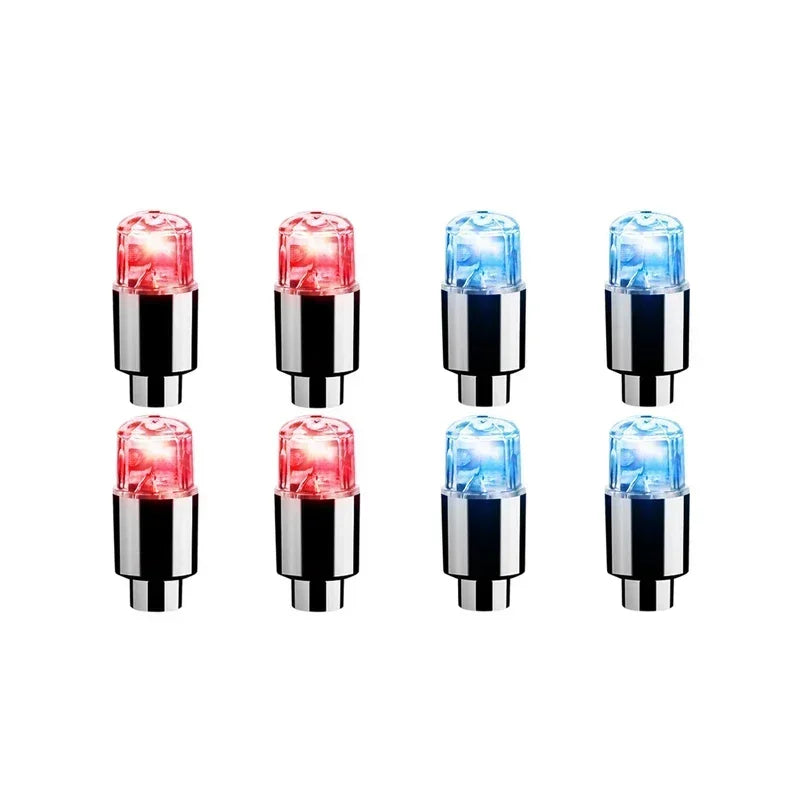 '4-pack: Red/Blue LED wheel lights. Fit cars, bikes, motorcycles. Valve cap style. Improves visibility in low light.'