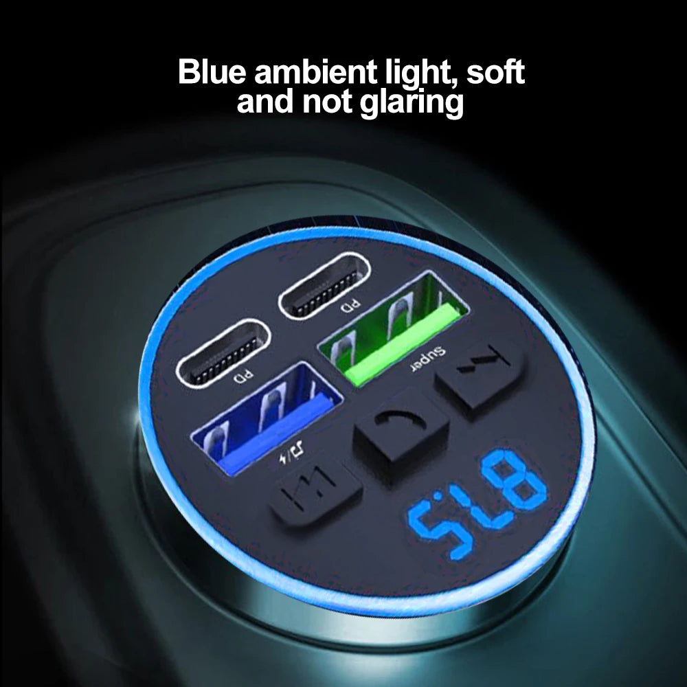 Close-up of car dashboard with lit USB port and Bluetooth pairing indicator, showcasing Car Charger FM Transmitter product in