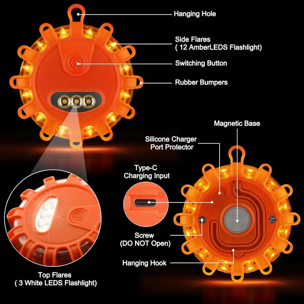 "USB-recharged road flare with magnetic LED light for enhanced visibility in dark conditions - not intended for underwater us