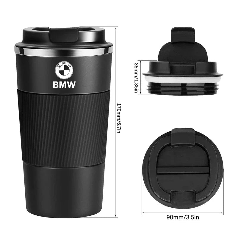 BMW M Sport Travel Mug: Stainless steel thermos cup with lid and handle for E-Series and F-Series models.