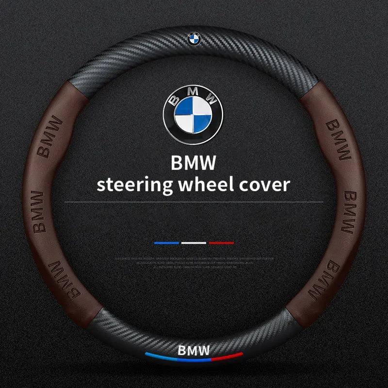 "BMW M Sport Steering Wheel Cover for select models: E36, E46, E90, F30, X5, X3, M3, M5."