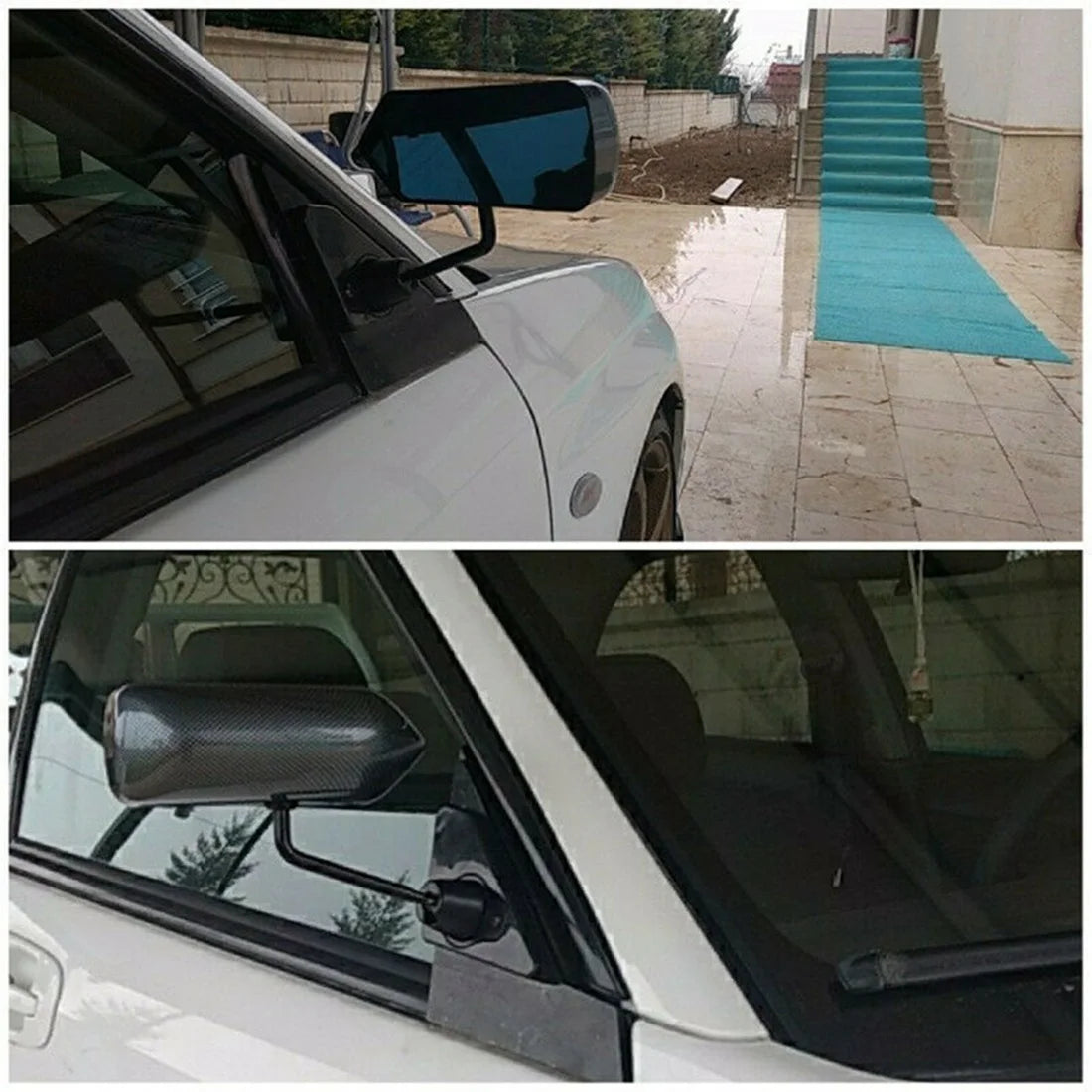 Car with blue interior, featuring universal F1-style mirrors compatible with Benz, Honda, and Ford. Product: AD05-1 Universal