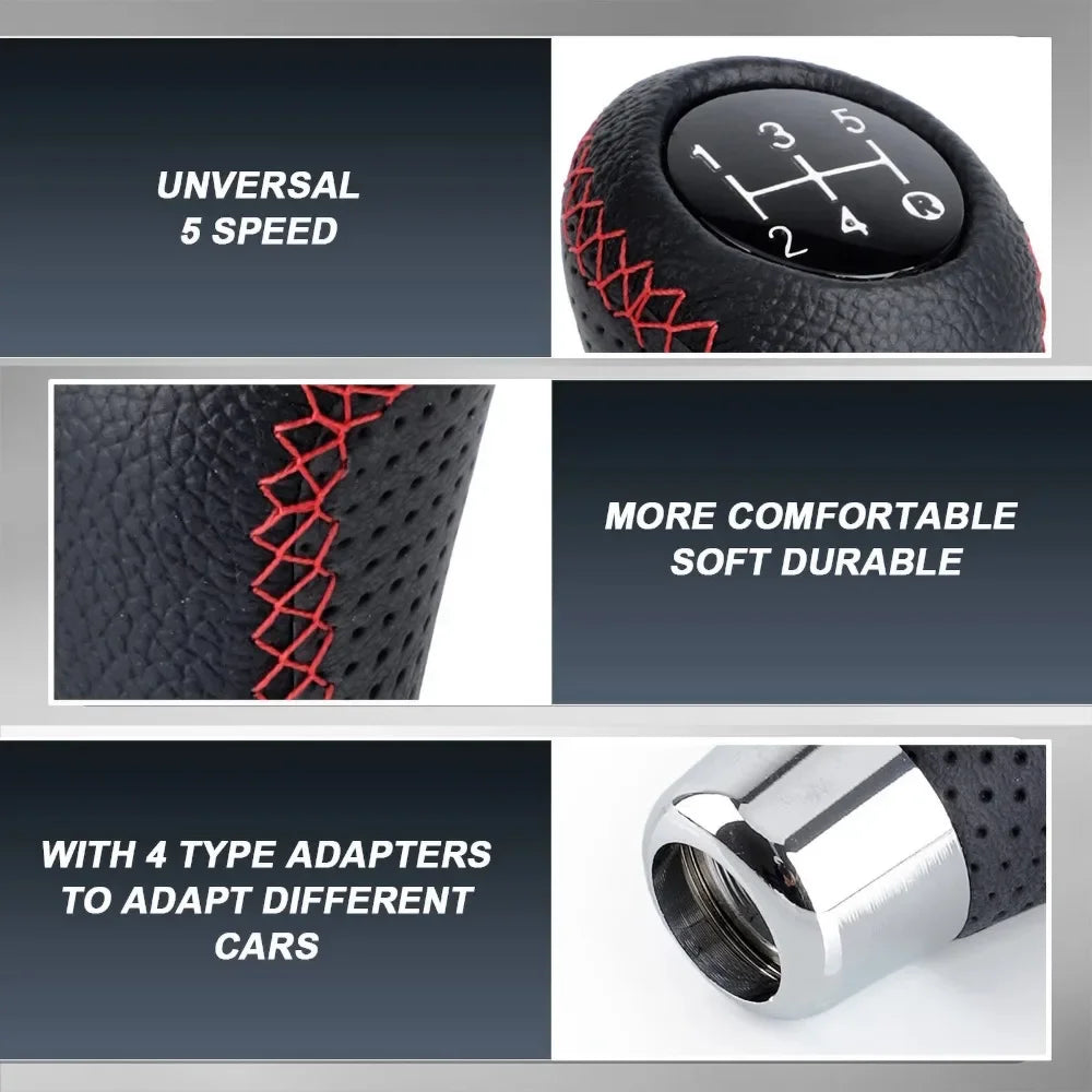 'Four universal manual shift knobs - leather-wrapped in red. Fit: most cars. Material: ABS/brass with rubber insert. Set incl