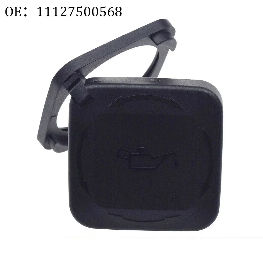 Black BMW oil cap cover with grip. Fits various models: E36, E34, E39, E46, E90, E60, E64.