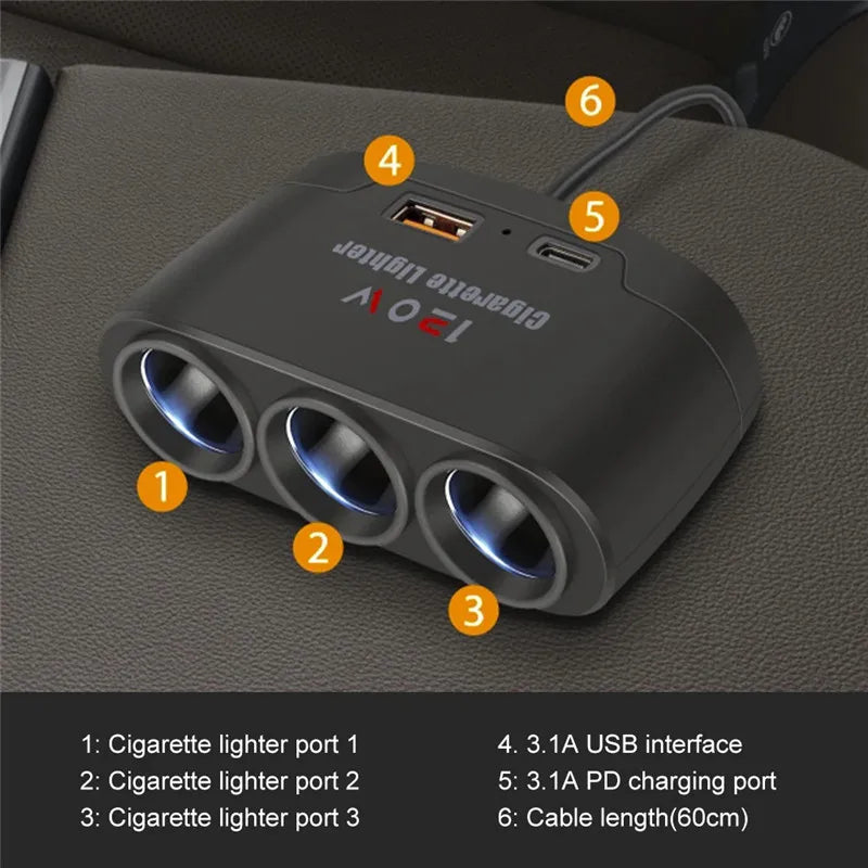 '120W USB-C car splitter: 4 ports + Type C socket for simultaneous charging. Fits 12V/24V vehicles.'