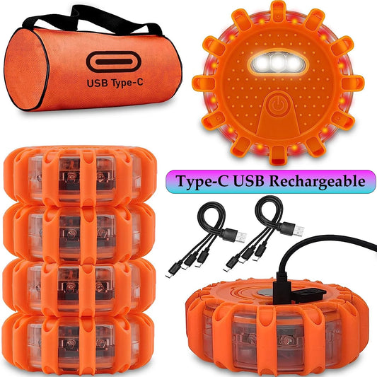 'Kit includes 3 magnetic USB-rechargeable road flares and a flashlight - ideal for emergency visibility. Orange LEDs.'