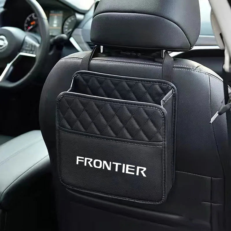 Front seat organizer bag fits car console, holding essentials neatly. Measurements and material info if relevant.