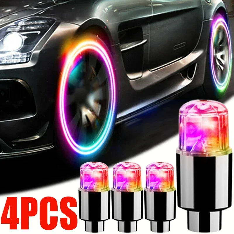 'Universal Car Hub LED Strip Kit: Enhances tire rims with 4 colorful neon strips. Fits most vehicles for stylish night drives