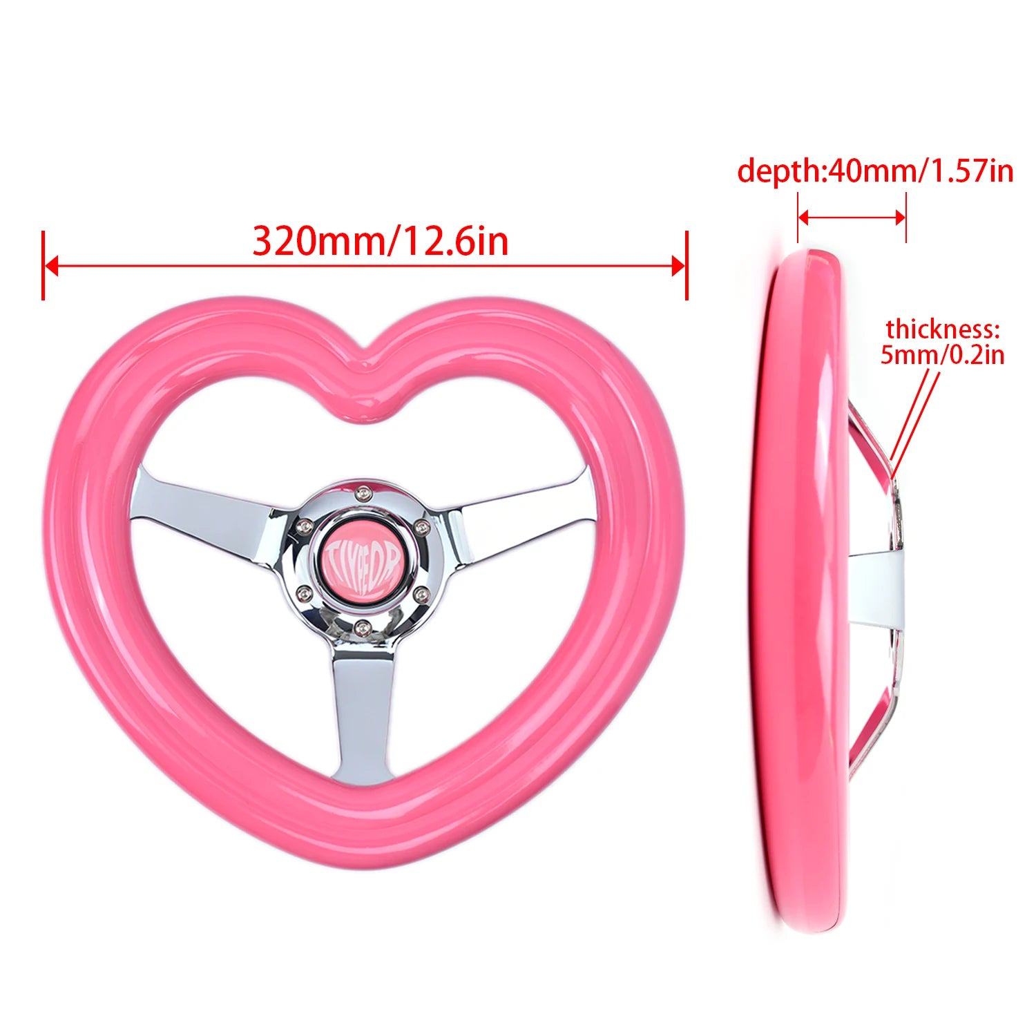 "Deep-dished pink heart-shaped steering wheel cover with grip: 320mm diameter, ABS material."