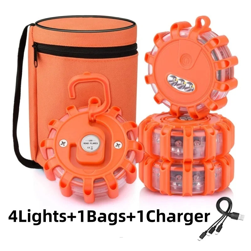 "USB-recharged road flares with magnetic base - set includes bag and charger."
