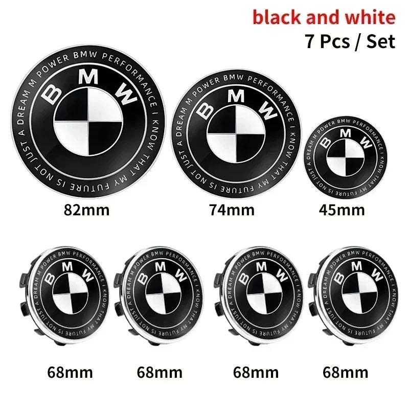 Seven BMW emblem badges in various sizes (45mm to 82mm) for customization on cars.