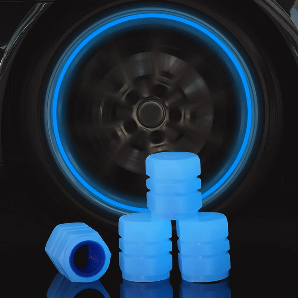 Universal Glow-in-Dark tire valve stem caps in blue and green. Enhance road safety with these vibrant caps.
