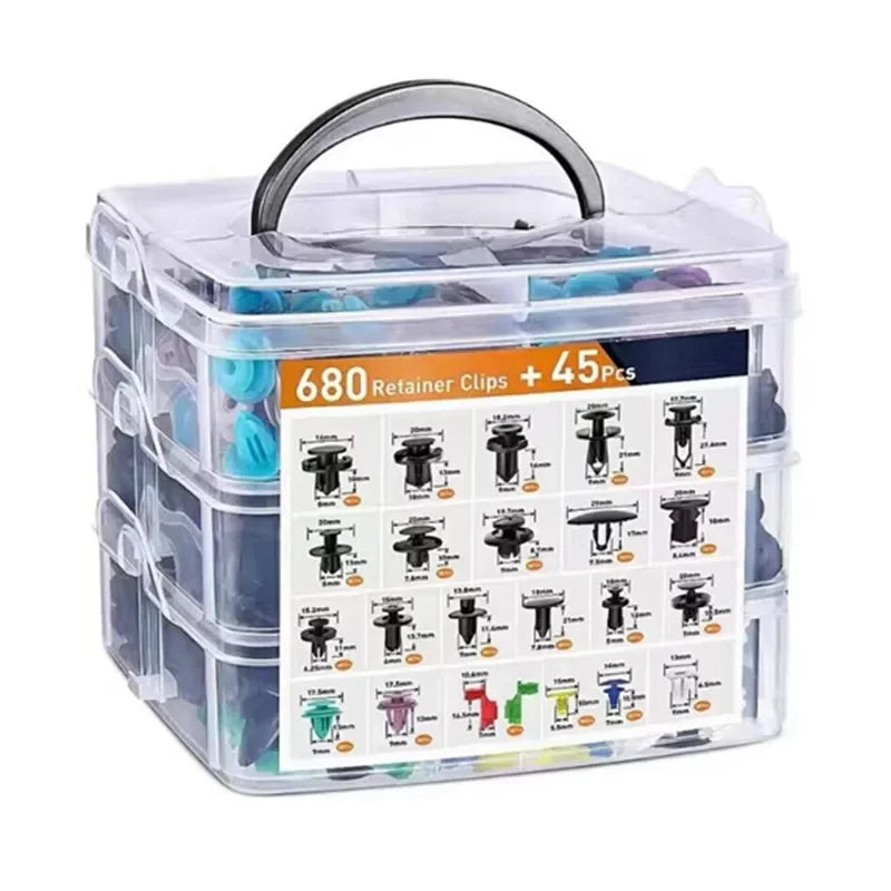 "800pc Car Fastener Clip Kit in clear plastic storage box: includes various repair tools."