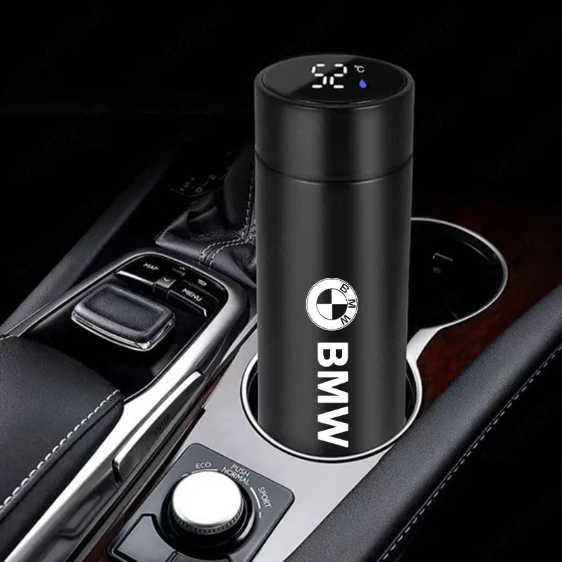 BMW M logo branded, 500ML stainless steel travel mug with temperature display.
