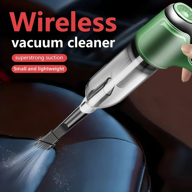Person using handheld car vacuum cleaner, blowing and suctioning dust and debris from car interior.