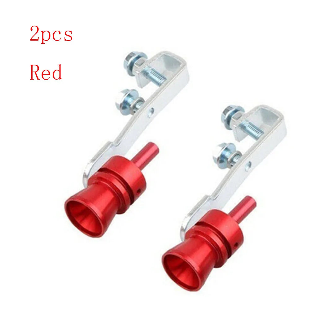 Two red aluminum Turbo Sound Whistle exhaust simulators for universal car application (available in S/M/L/XL sizes).