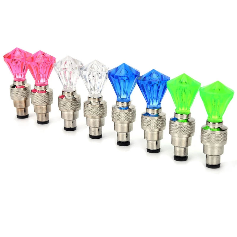 '2-piece bike wheel lights with neon valve caps. LEDs: 10/lot in diamond shape. Suitable for bicycle or scooter customization