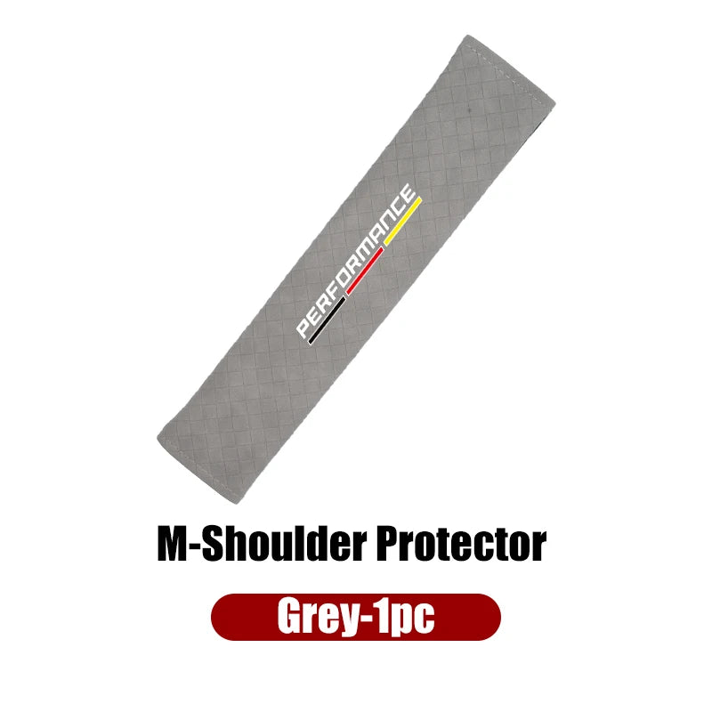BMW seat belt shoulder pad cover with protective shield. Fits models E36, E39, and E46.
