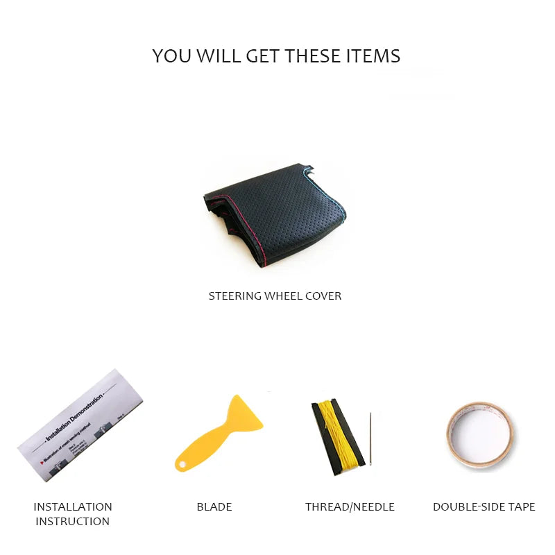 Black soft leather DIY steering wheel cover with yellow accent stitching and white card holder for BMW E36, E46, E39 vehicles