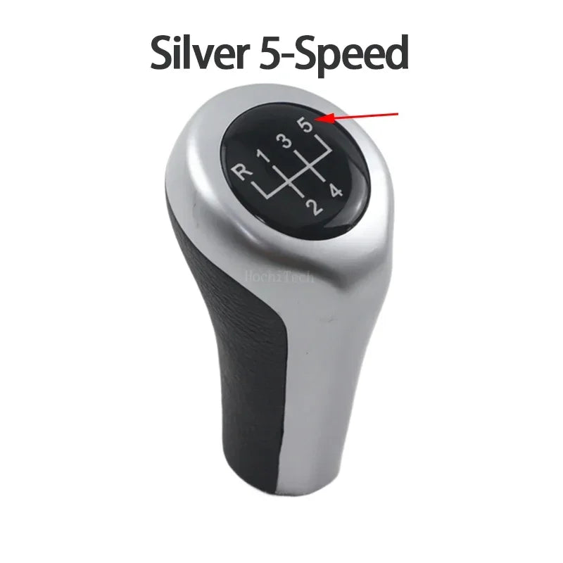 Silver BMW gear shift knob for use with E30, E36, E46, E90, E60, and X5 models.