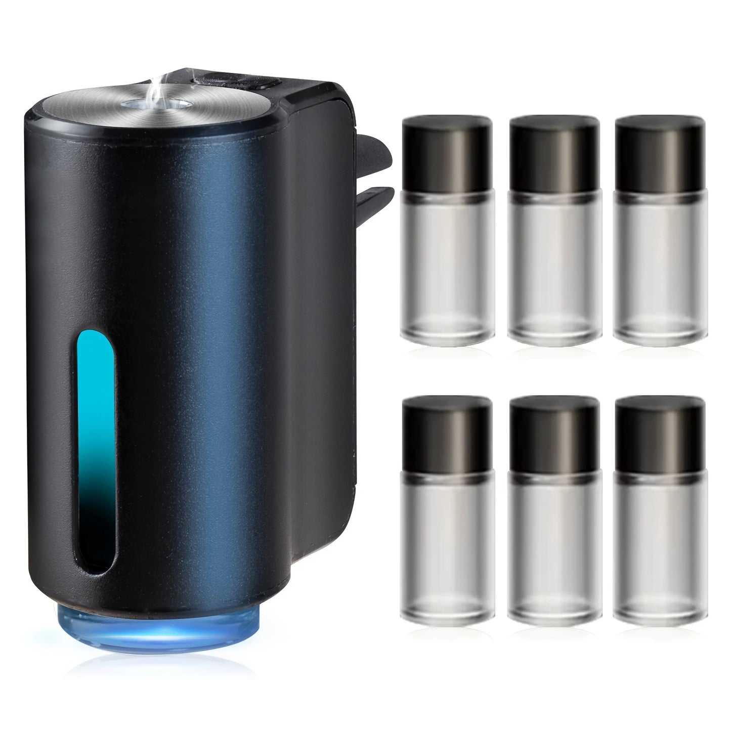 Portable car air diffuser with 6 glass bottle holders. Black and blue design fits any vent. Essential oil aroma humidifier fo