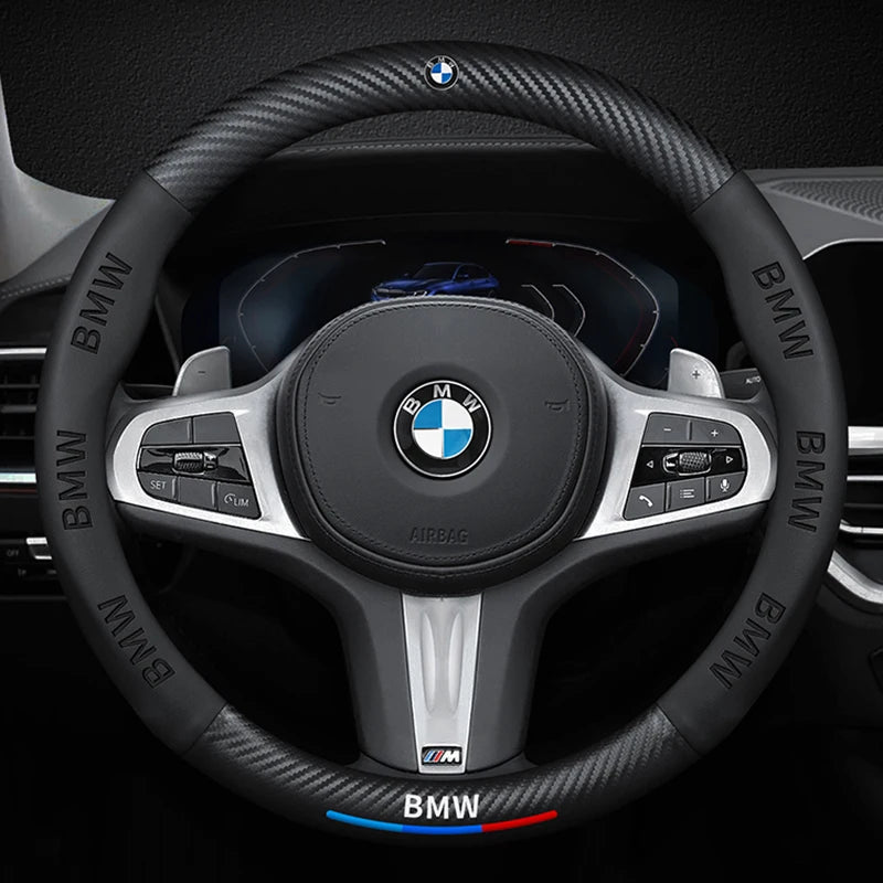 "BMW M Sport Steering Wheel Cover for select models: E36, E46, E90, F30, X5, X3, M3, M5."
