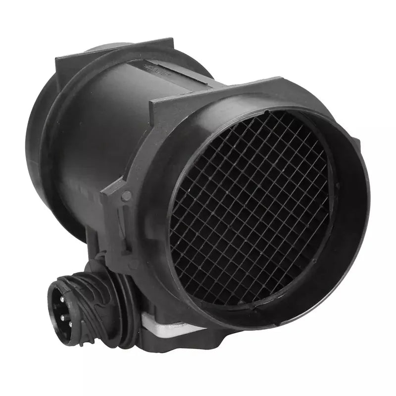 BMW E36 MAF sensor with black housing and matching filter.