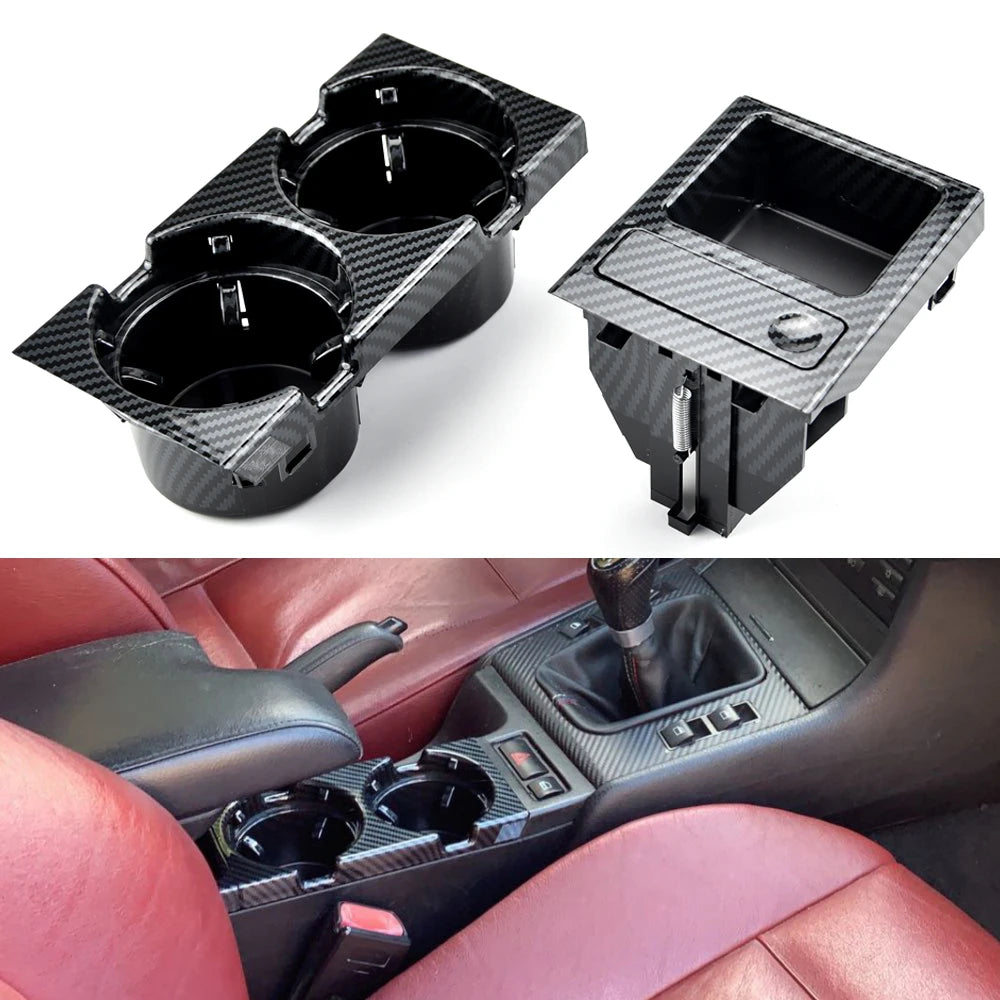 Two BMW E46 cup holders with coin trays in carbon finish.