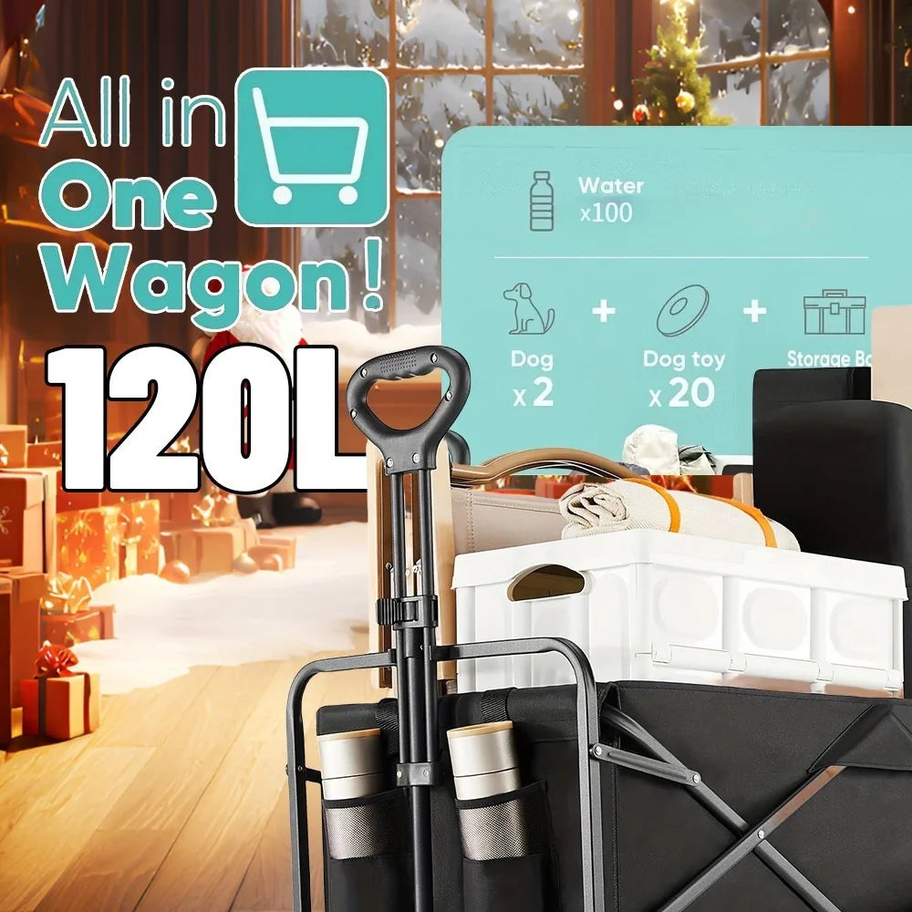 'Folding wagon cart with heavy-duty build and all-terrain capabilities. Dimensions: 36" x 19" x 34". Suitable for outdoor eve