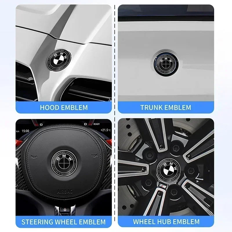 BMW Emblem Set: 7 pieces, sizes 45mm to 82mm. Close-up of emblems on vehicle wheel and center cap.