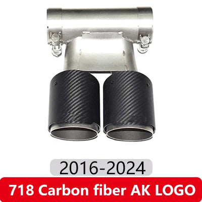 Two Porsche Cayman/Boxster Dual Outlet Exhaust Tips in carbon fiber material.