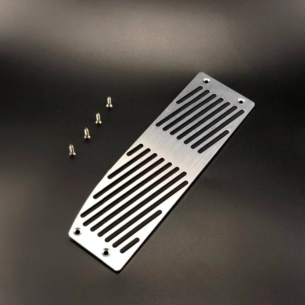 "Silver-black aluminum pedal covers with screws for BMW E30, E36, E46, E90, and M3 models."