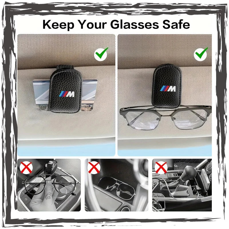 "Magnetic leather sunglass clip for BMW E36, E39, and E46 models. Securely holds two pairs of sunglasses together."
