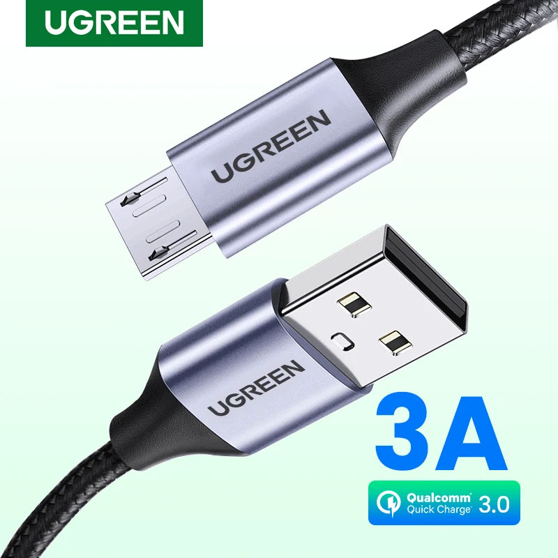 'Ugreen Micro USB-C to USB-A cable. Fast charge, nylon braided. Length: [actual length].'