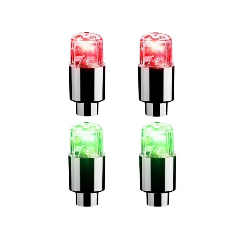 'Car, bike, or motorcycle valve cap set - 3 LED colors: red, green, white. Sleek upgrade for wheel rims.'