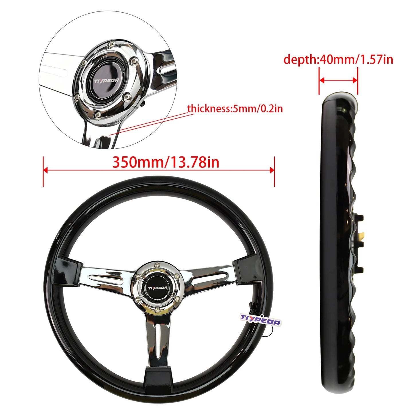'JDM-inspired steering wheel: black leather, chrome spokes, forged bracket—fits front-drive models.'