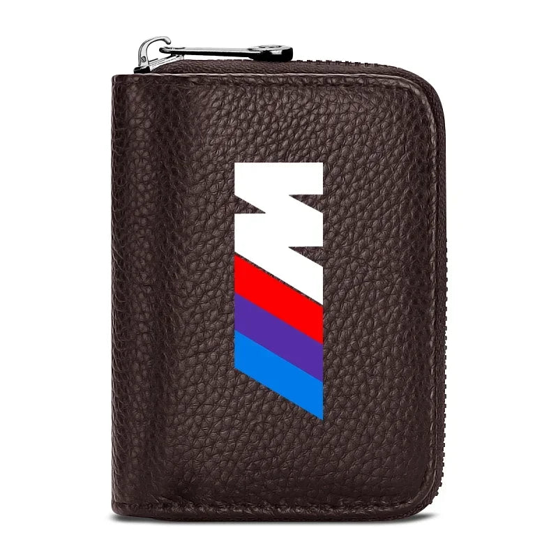 Brown leather BMW-branded wallet with blue-red stripe accent.