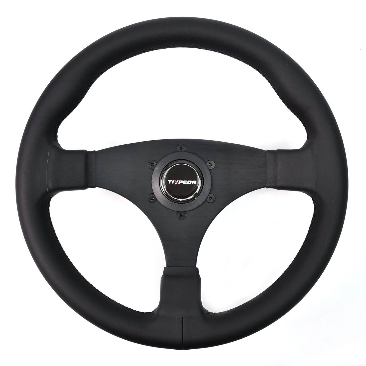 Black leather-wrapped steering wheel featuring a single spoke design. High-quality auto upgrade.