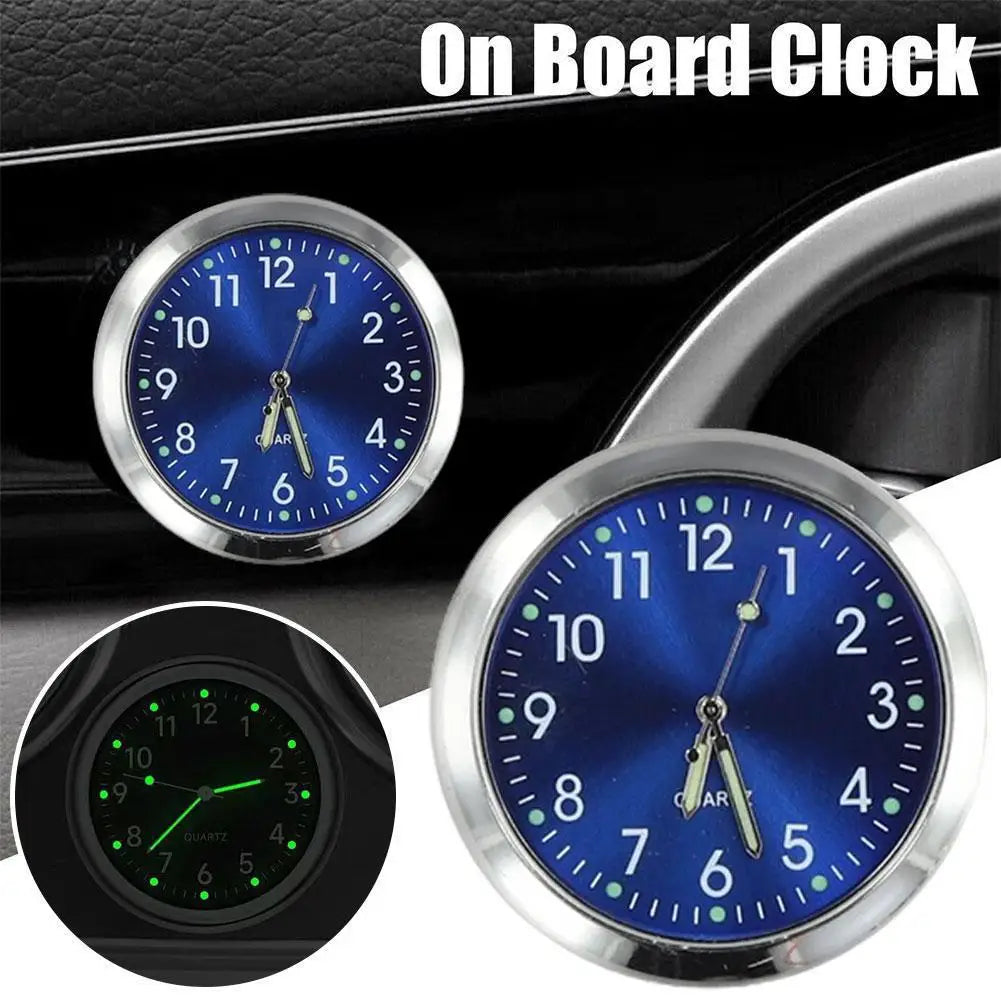 Mini Dashboard Clock: Blue dial analog watch for cars, boats, or desks. Adhesive or clip mounting option.