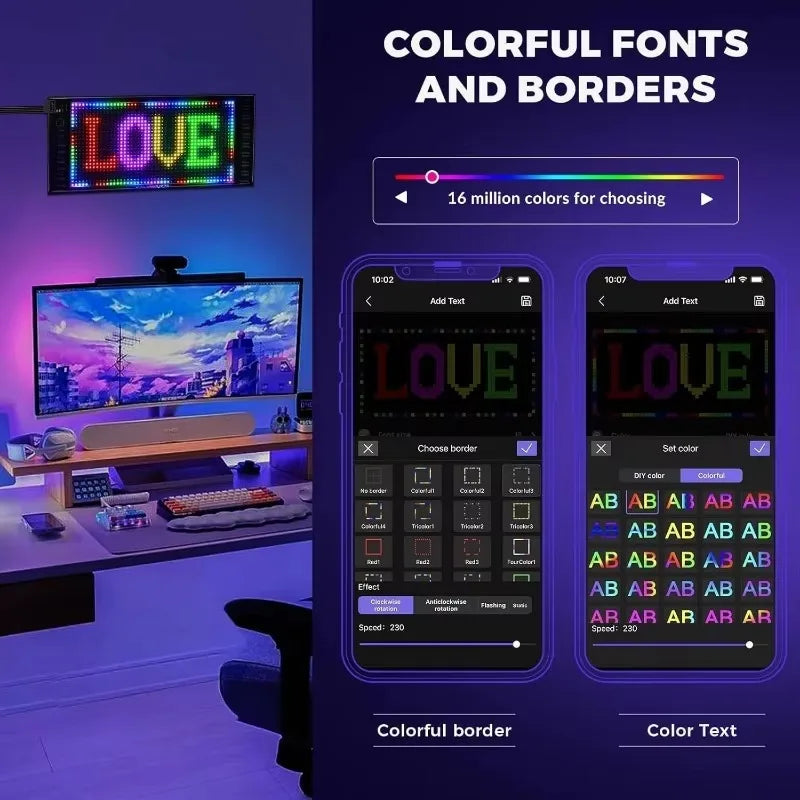 2 LED matrix panels on desk next to computer and monitor. USB programmable for app control.