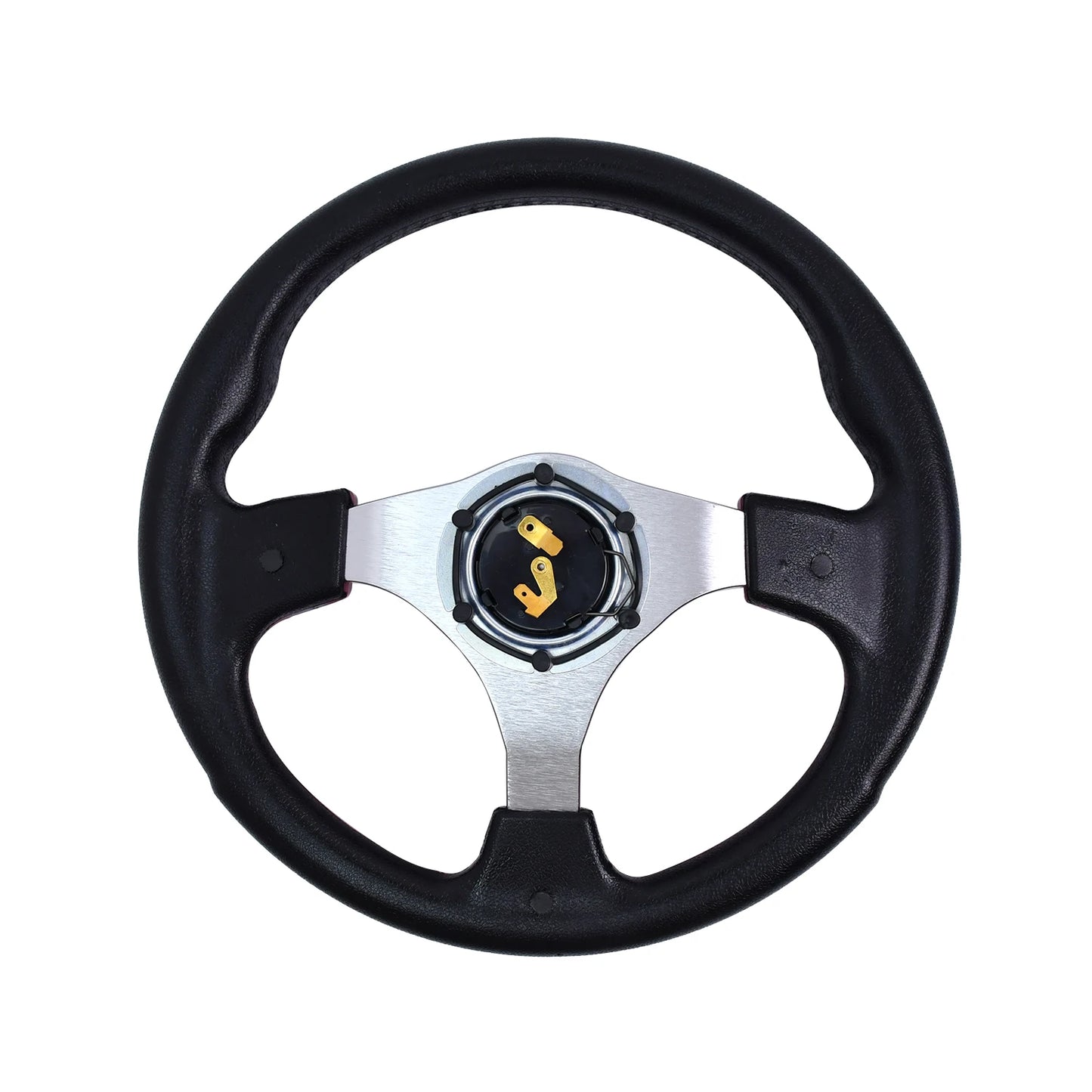 Universal Fit 13" racing-style steering wheel with black leather grip and yellow center logo.