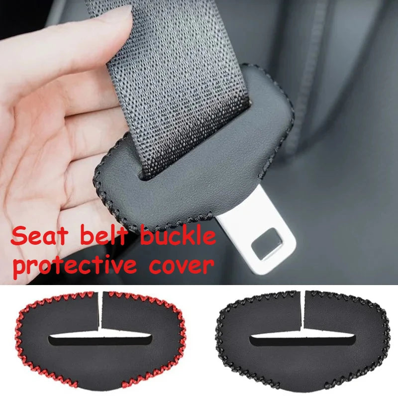 Leather buckle clip protector for car seats. Anti-scratch, fits standard belts. Accessory upgrade.