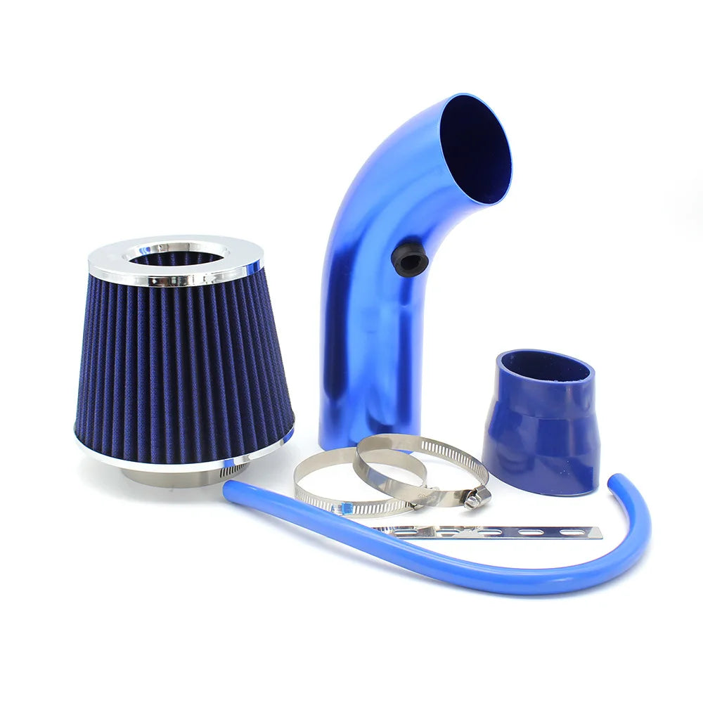 76mm Winter Cold Air Intake Kit: Mushroom filter attached to alloy pipe, features a blue finish.