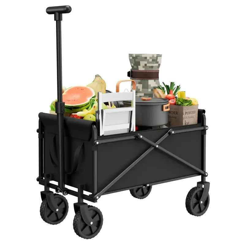 Black folding wagon cart loaded with goods. Durable design for all-terrain use. Product dimensions: 39x18x34 inches. Perfect 