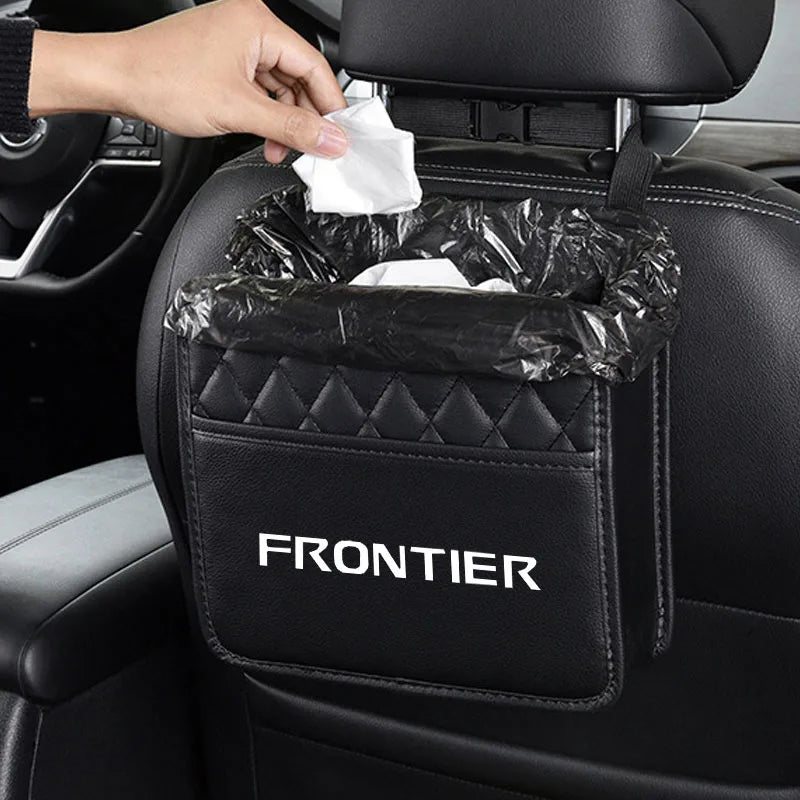 'Front seat organizer with tissue holder — fits cars like BMW, Audi, and Mercedes. Black nylon build.'