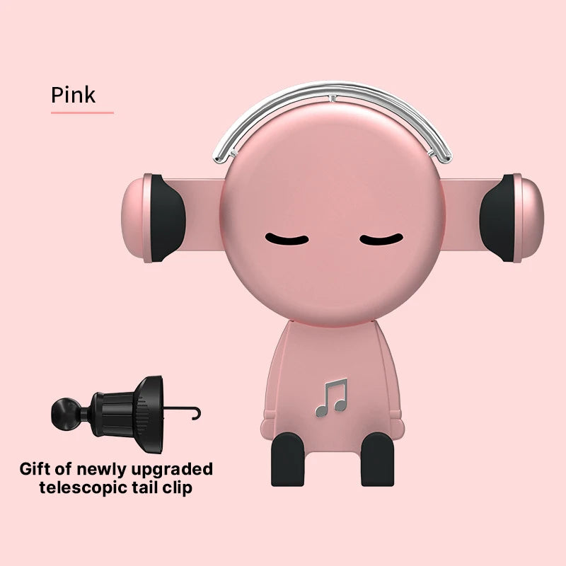 'Pink model with headphones — fits phones in car vents. Universal phone holder for GPS navigation or calls.'