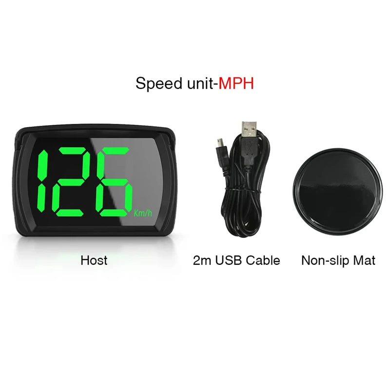 'Digital speedometer with USB charging. Displays speed on windshield like car HUD.'