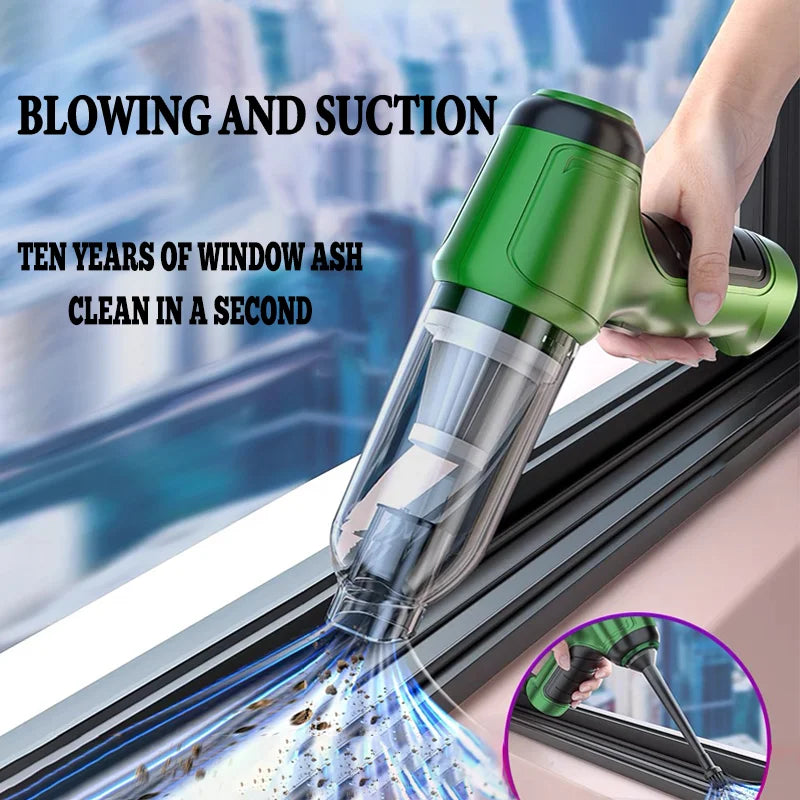 Person using handheld wireless car vacuum to clean window for superior exterior detailing.